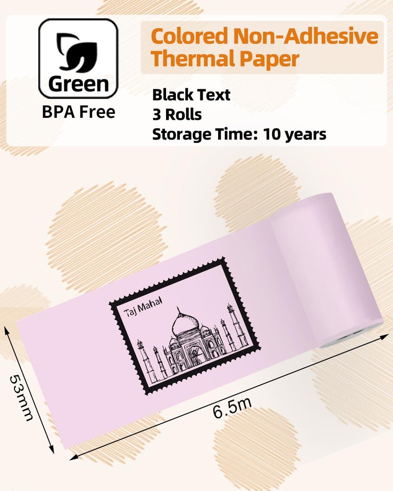 Memoqueen T02 Pink/Yellow/Blue Thermal Paper  Non-Adhesive Color Paper Printer Paper  Compatible with T02 M02X  2.08"" x 21.3' (53mmx 6.5m/roll)  Black Text  Keep for 5 Years  3 Rolls - Image 2